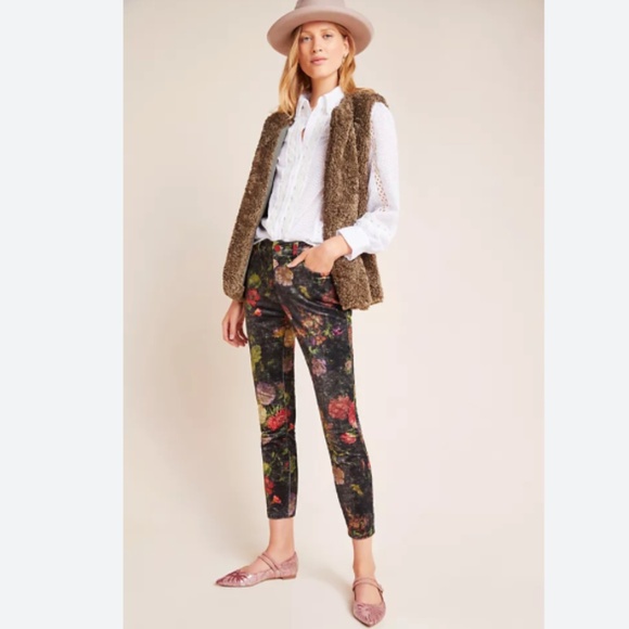 PILCRO ANTHROPOLOGIE WOMEN VELVET HIGH RISE SKINNY ANKLE CROPPED FLORAL PANTS 26 - Picture 1 of 7